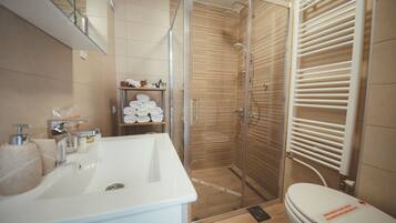 Hair dryer, towels, soap, toilet paper