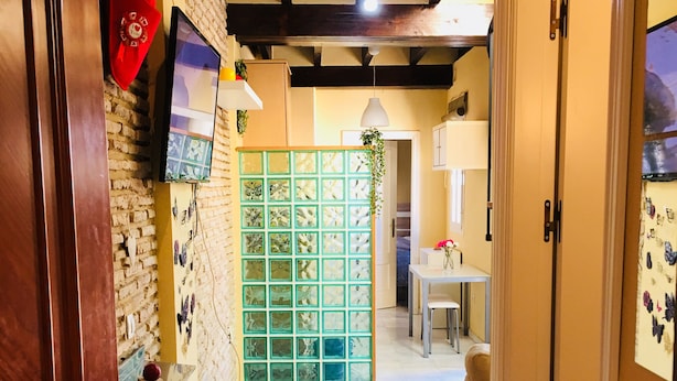 Un pasillo con puerta de madera, pared de ladrillo, separador verde y televisor montado en la pared.