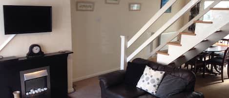 Télévision, cheminée, lecteur de DVD, vidéothèque