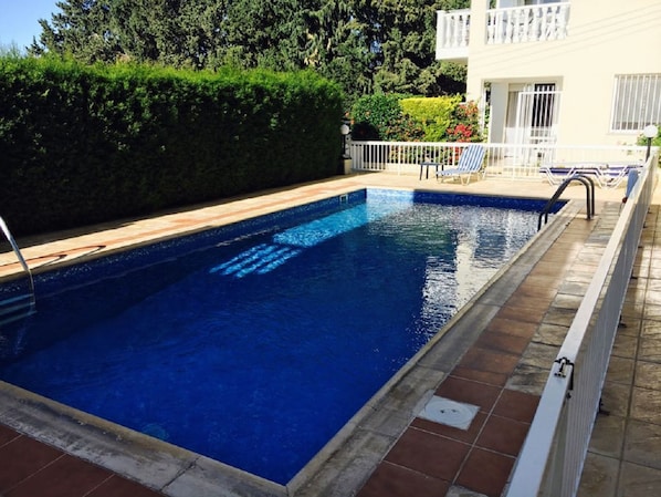 Outdoor pool, a natural pool, pool umbrellas, pool loungers