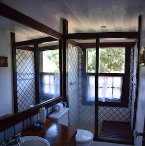 Shower, free toiletries, towels