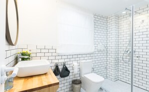 Douche, séchoir à cheveux, serviettes fournies