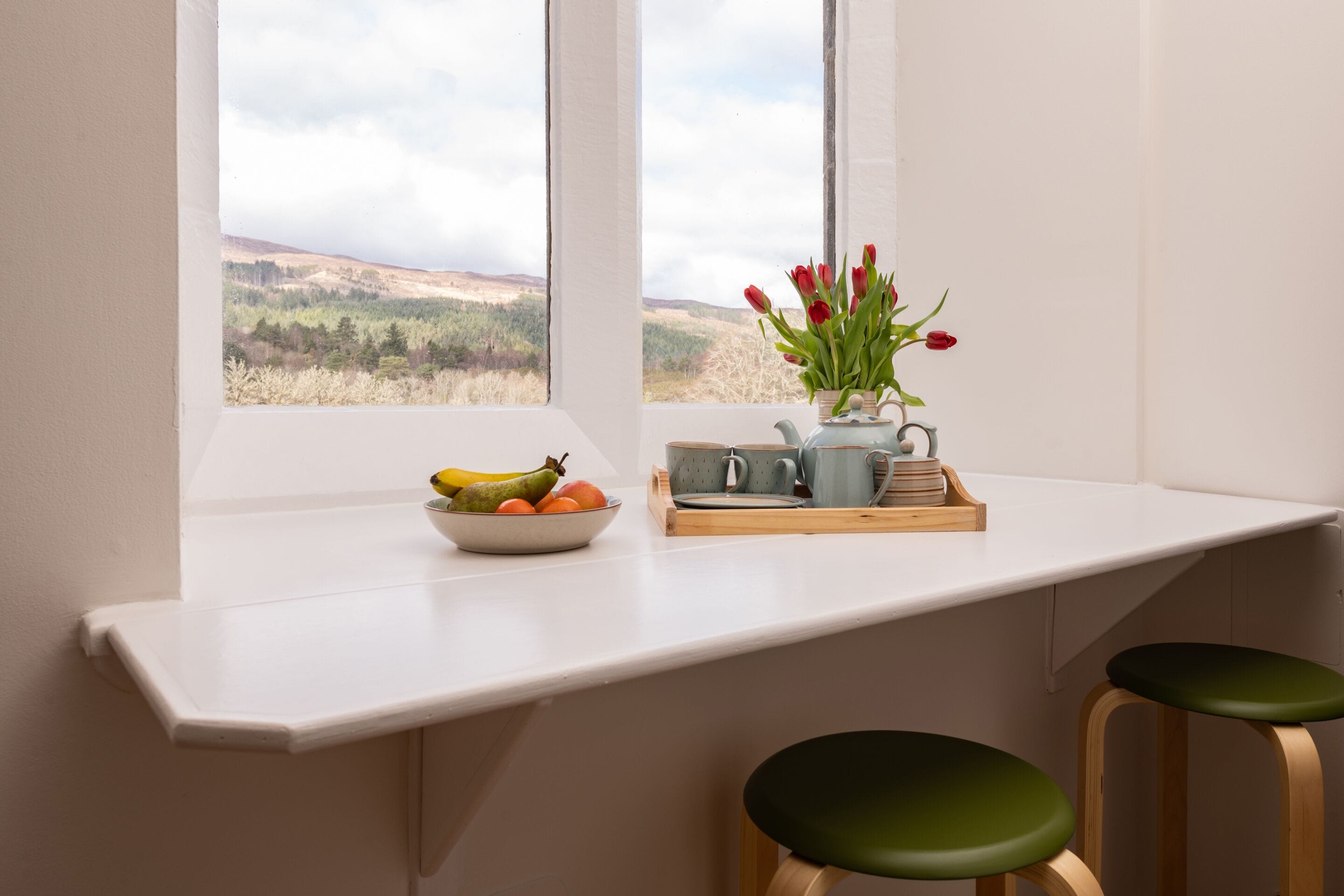 A kitchen counter with a bowl of fruit, a teapot, and a vase of red tulips by a window overlooking a landscape.