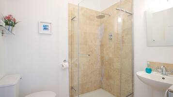 Combined shower/bathtub, free toiletries, hair dryer, towels