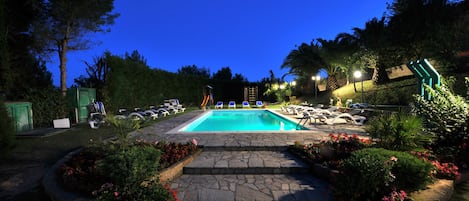 Seasonal outdoor pool, pool umbrellas, pool loungers