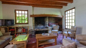 Una sala de estar acogedora con chimenea, muebles de madera y televisor.