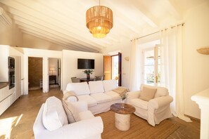 Smart TV, chimenea, libros y biblioteca musical
