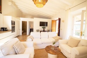 Smart TV, chimenea, libros y biblioteca musical