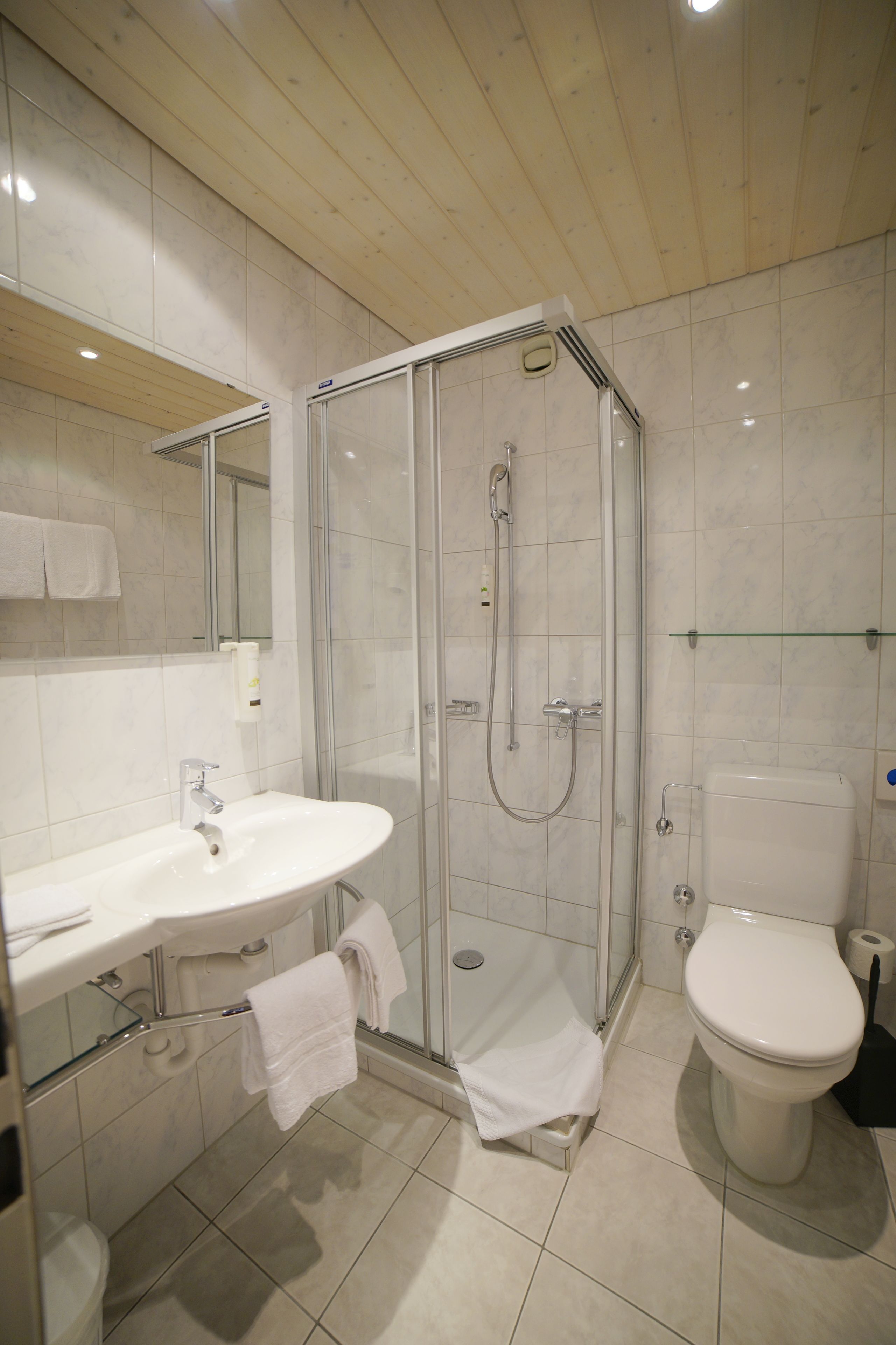 Une salle de bain moderne avec une douche à parois de verre, un lavabo blanc et des toilettes.