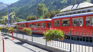 A red train with passengers, passing by a fenced area with flowers and a sign that reads "SORTIE EXIT". - Stunning panoramic view, Cham centre, Pkg & WIFI (Chamonix-Mont-Blanc)