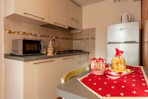 Fridge, microwave, stovetop, cookware/dishes/utensils