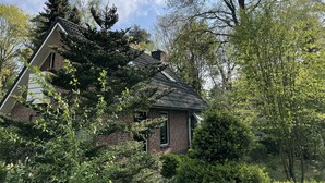 A house with a sloped roof surrounded by dense greenery and trees.