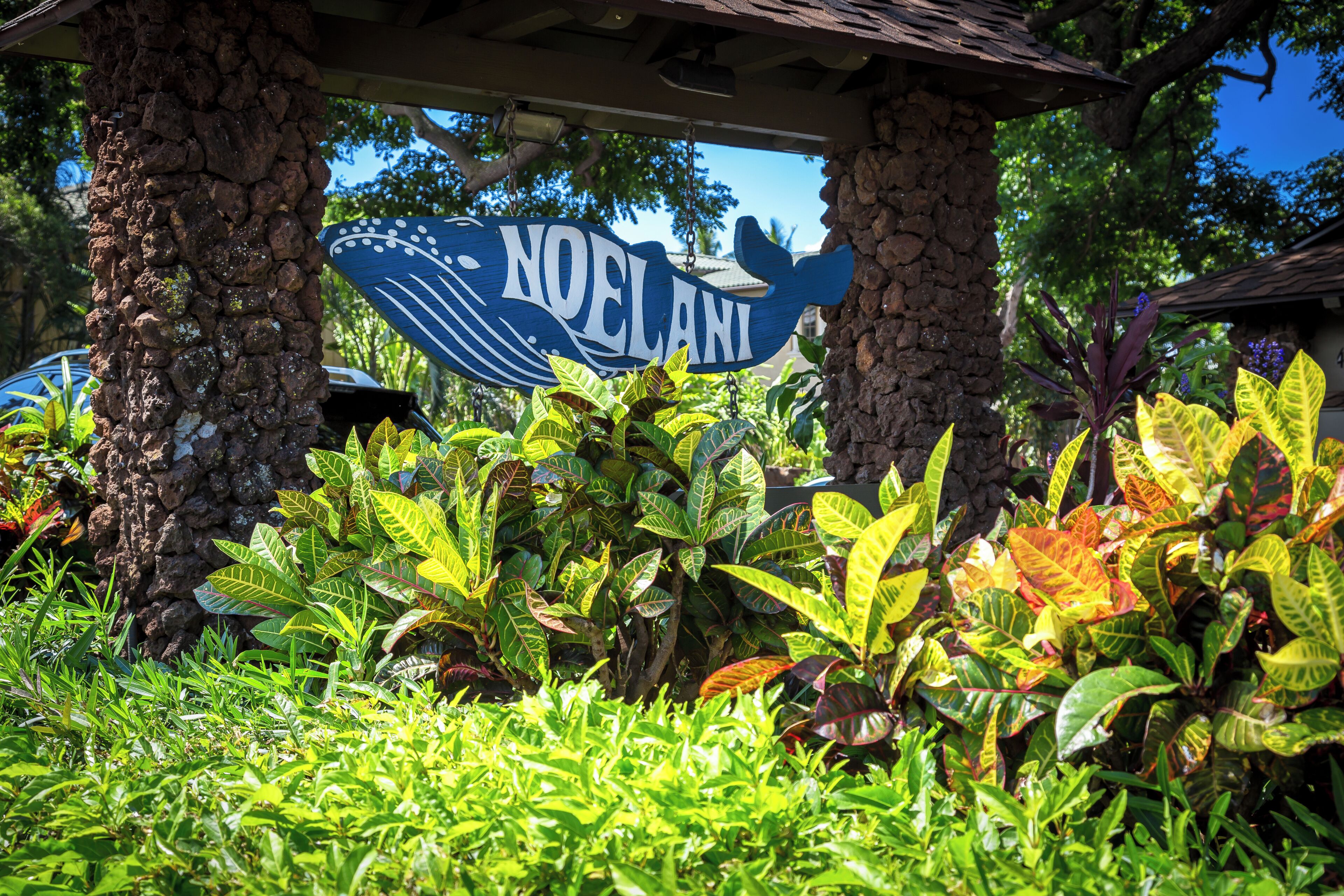 Un letrero con el nombre 'NOELANI' en un entorno tropical, con abundante follaje y una estructura de piedra.