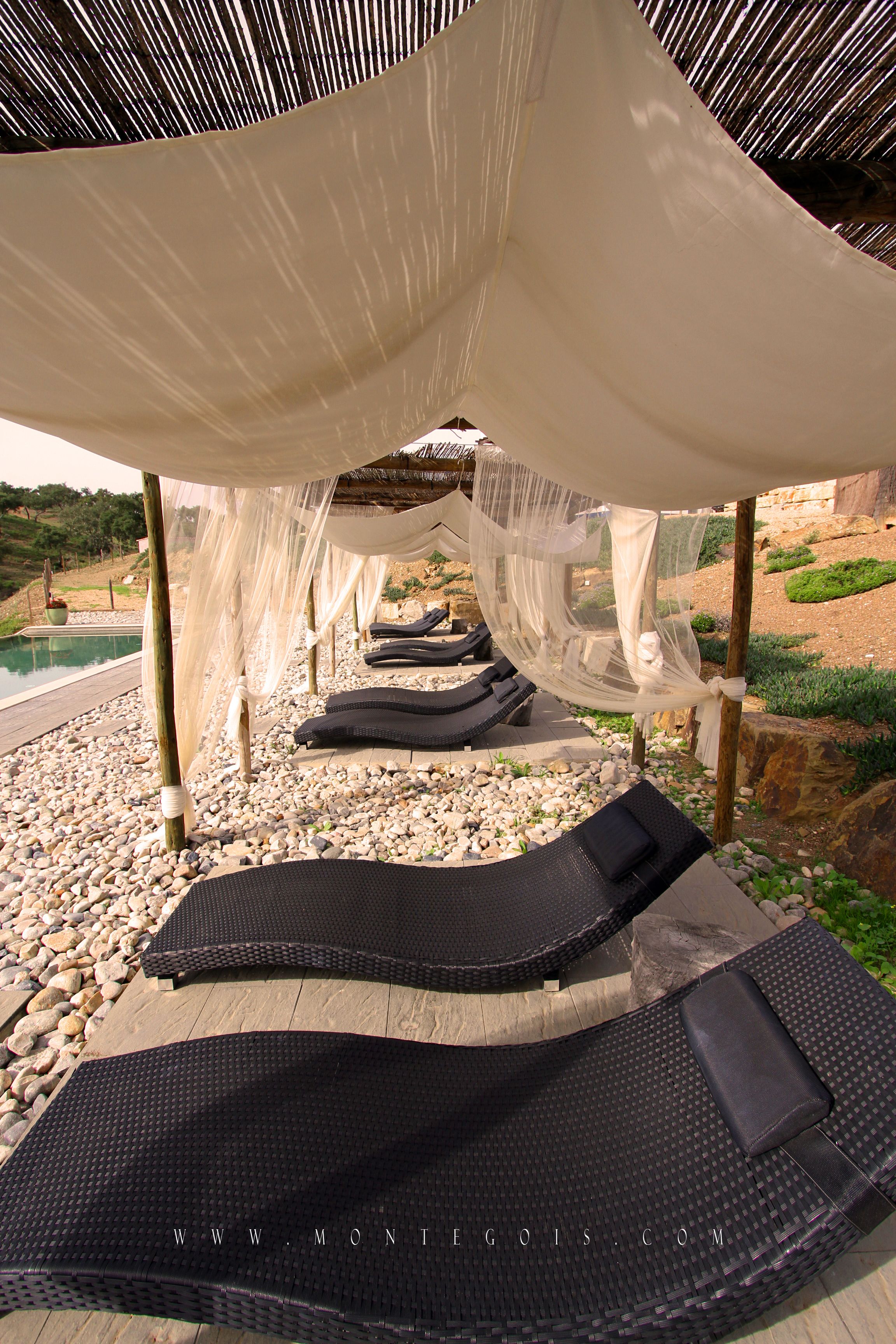 A poolside area with lounge chairs and a canopy.