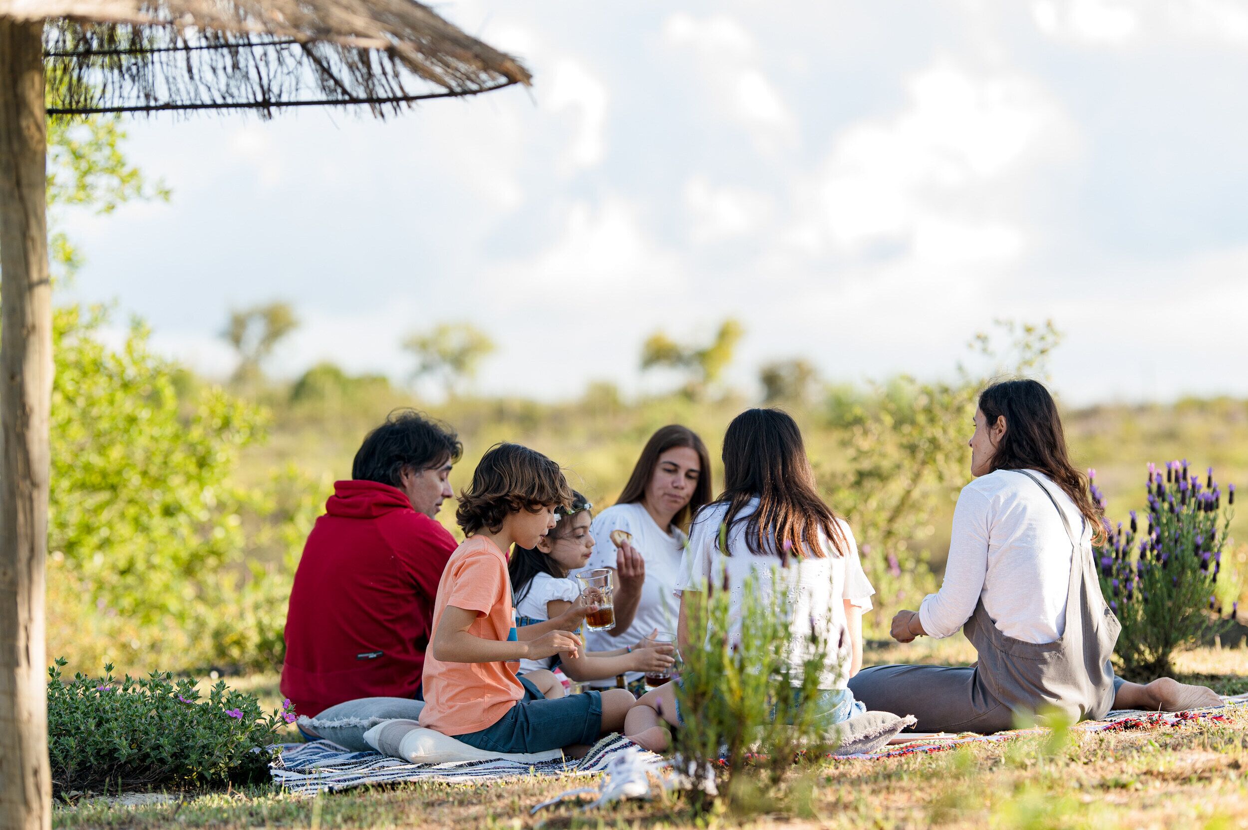 A group of people sitting on a blanket outdoors, with a thatched structure nearby.