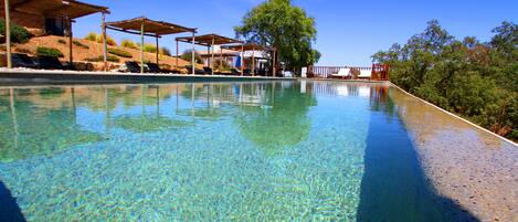 2 outdoor pools, open 8 AM to 8 PM, pool umbrellas, pool loungers