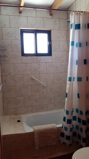 Bañera con ducha, artículos de tocador gratuitos, secador de pelo