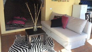 Una sala de estar con chimenea de piedra, un sofá con cojines, un tapete estampado con motivos de cebra y una mesita con un florero.