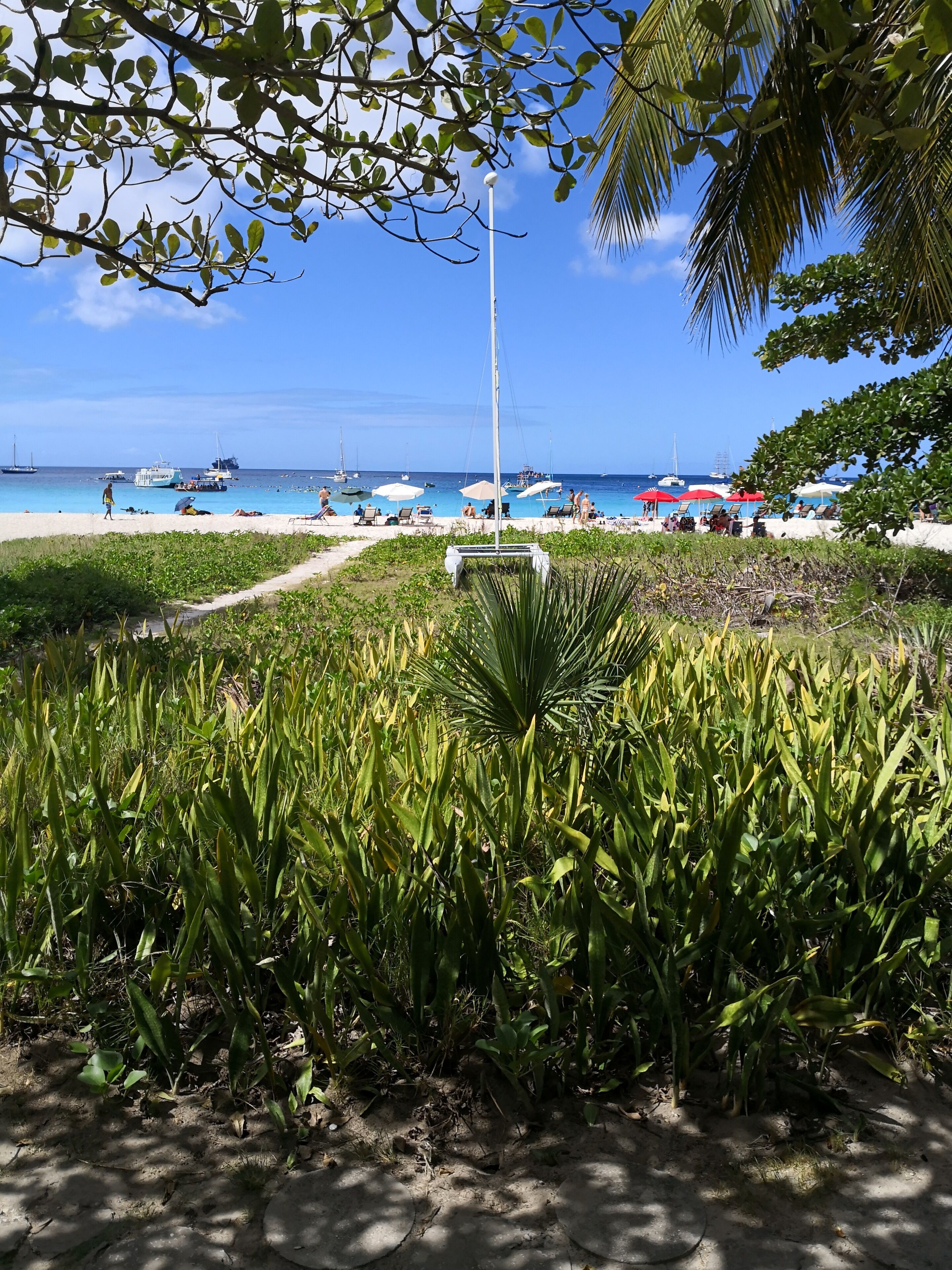 A beach with a clear view of the ocean, a few boats, and umbrellas.