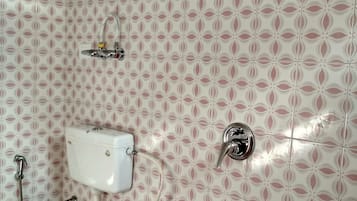 Combined shower/tub, towels, shampoo, toilet paper