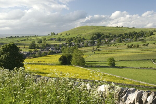 A rural landscape with rolling hills, fields, and scattered houses.