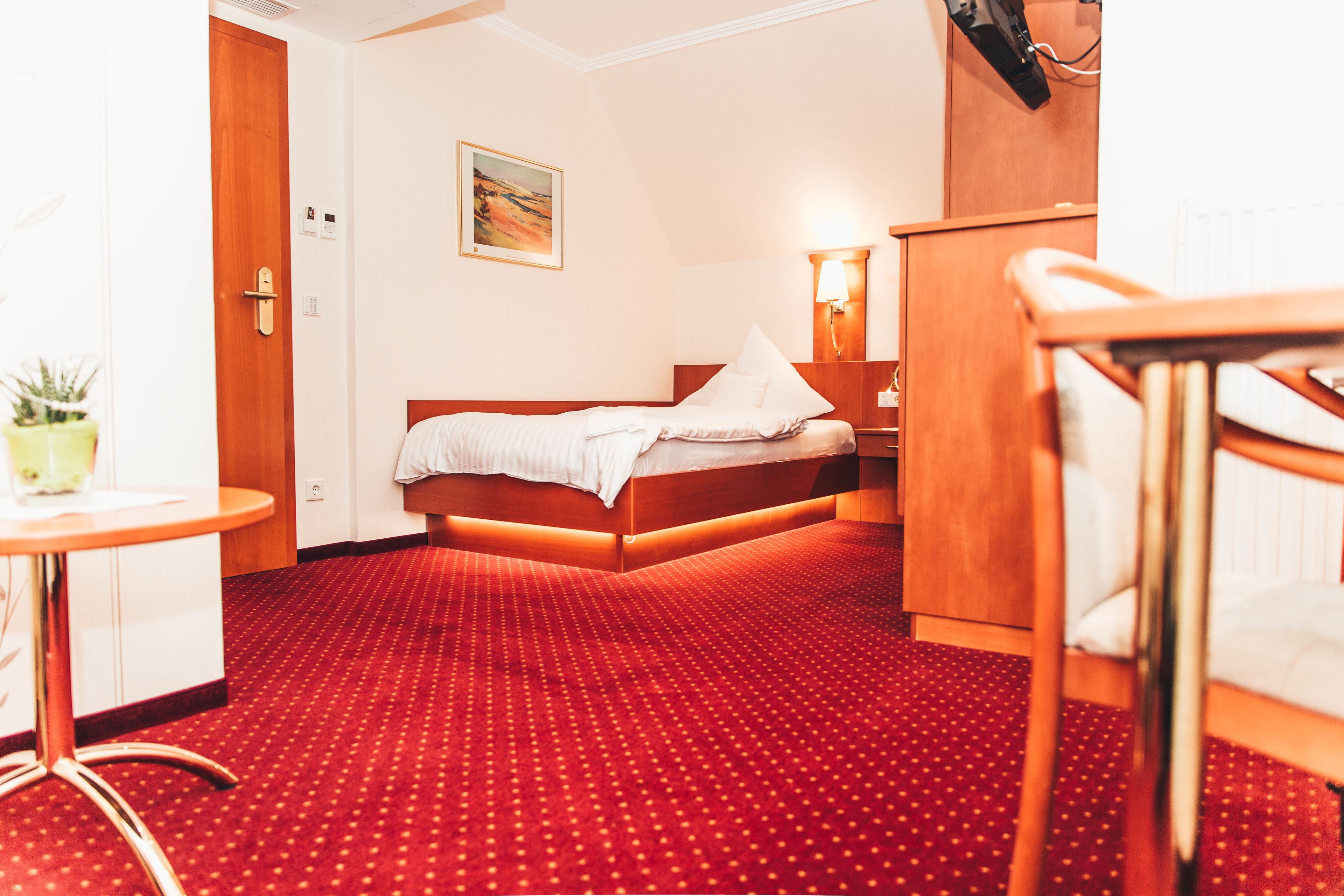 A hotel room with a bed, a desk, a chair, a small table with a plant, and a red carpet.