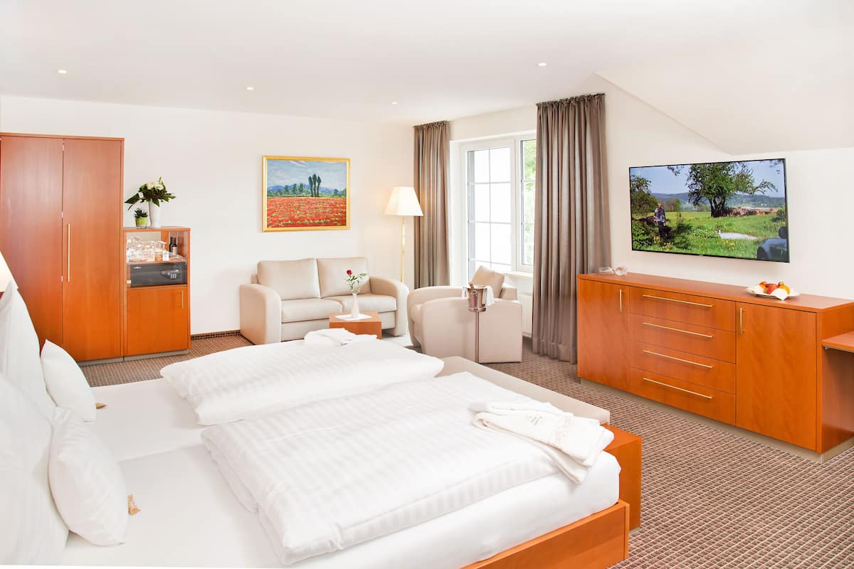 Une chambre d’hôtel avec un grand lit, un canapé, un bureau, une télévision et une armoire.