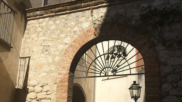Un passaggio ad arco con un cane, pareti in pietra e un lanterne.