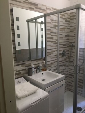 Shower, hair dryer, bidet, towels