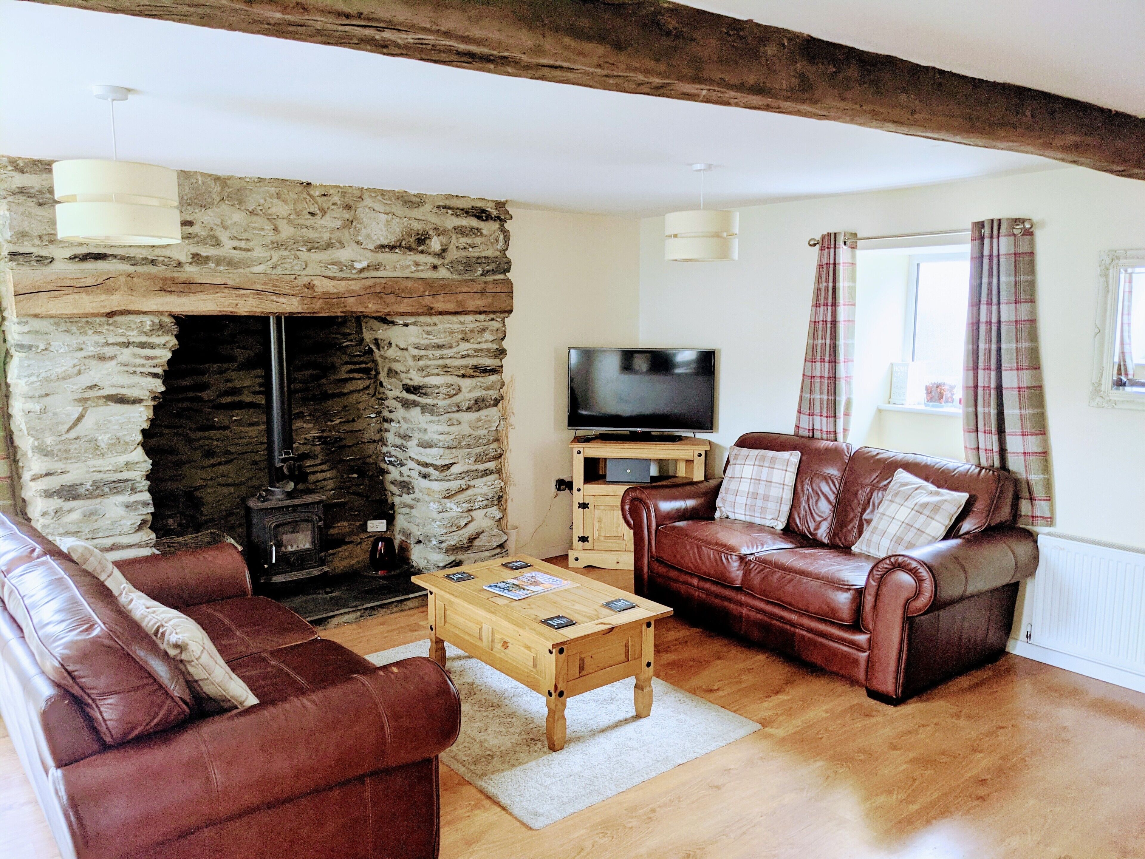 Smart TV, fireplace, books, stereo