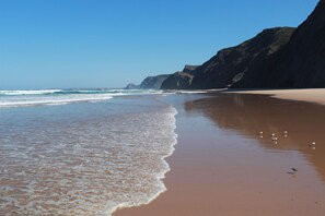 Ein Strand mit blauem Himmel, Wellen und Klippen.