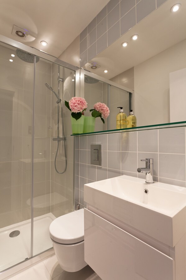 Shower, hair dryer, towels, soap