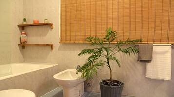 Een bad/douchecombinatie, een haardroger, een bidet, handdoeken
