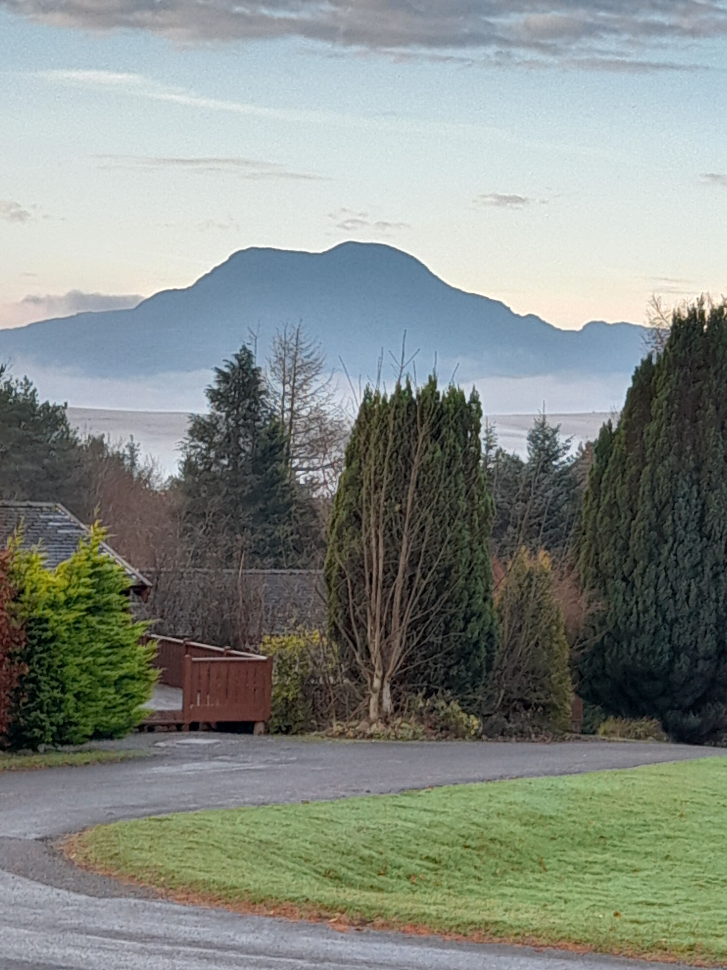 A residential driveway leading to a house with a view of a mountain.