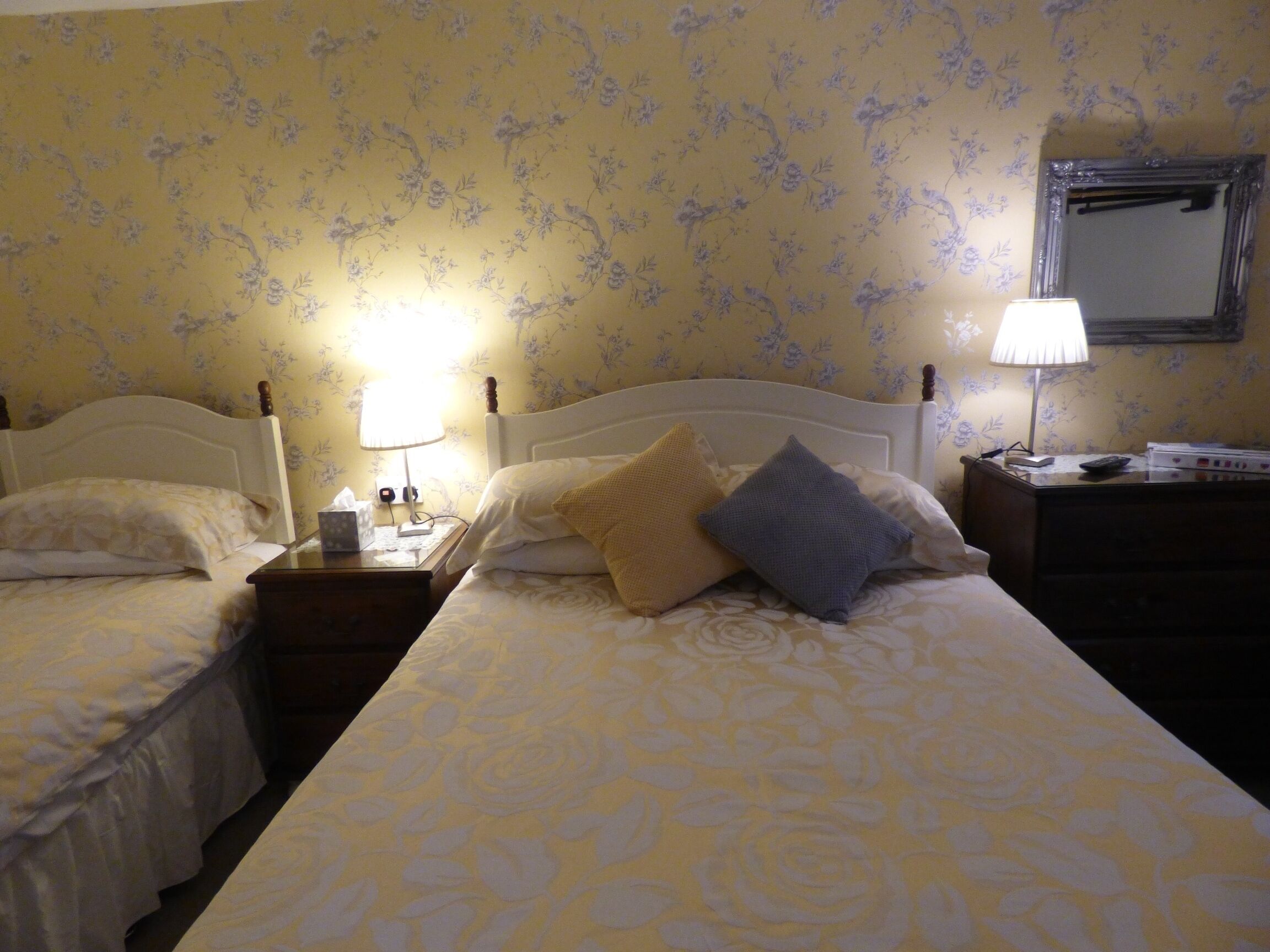 Una camera d'albergo con due letti singoli, ciascuno dotato di comodino, lampada e telefono. La stanza presenta carta da parati a motivi floreali e uno specchio appeso al muro.
