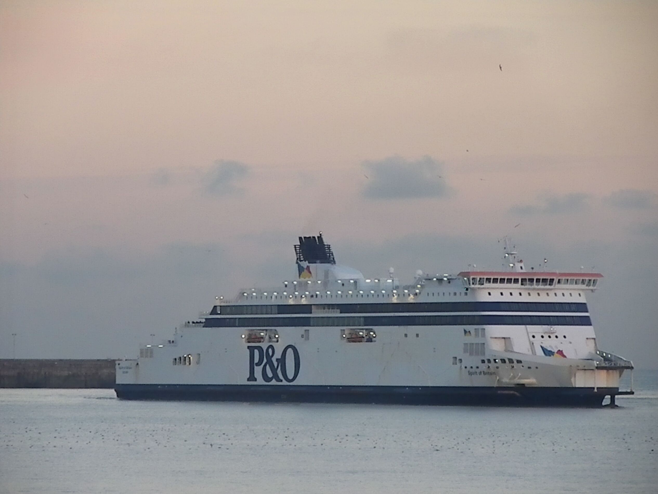 A large cruise ship with the P&O logo, docked at a port.