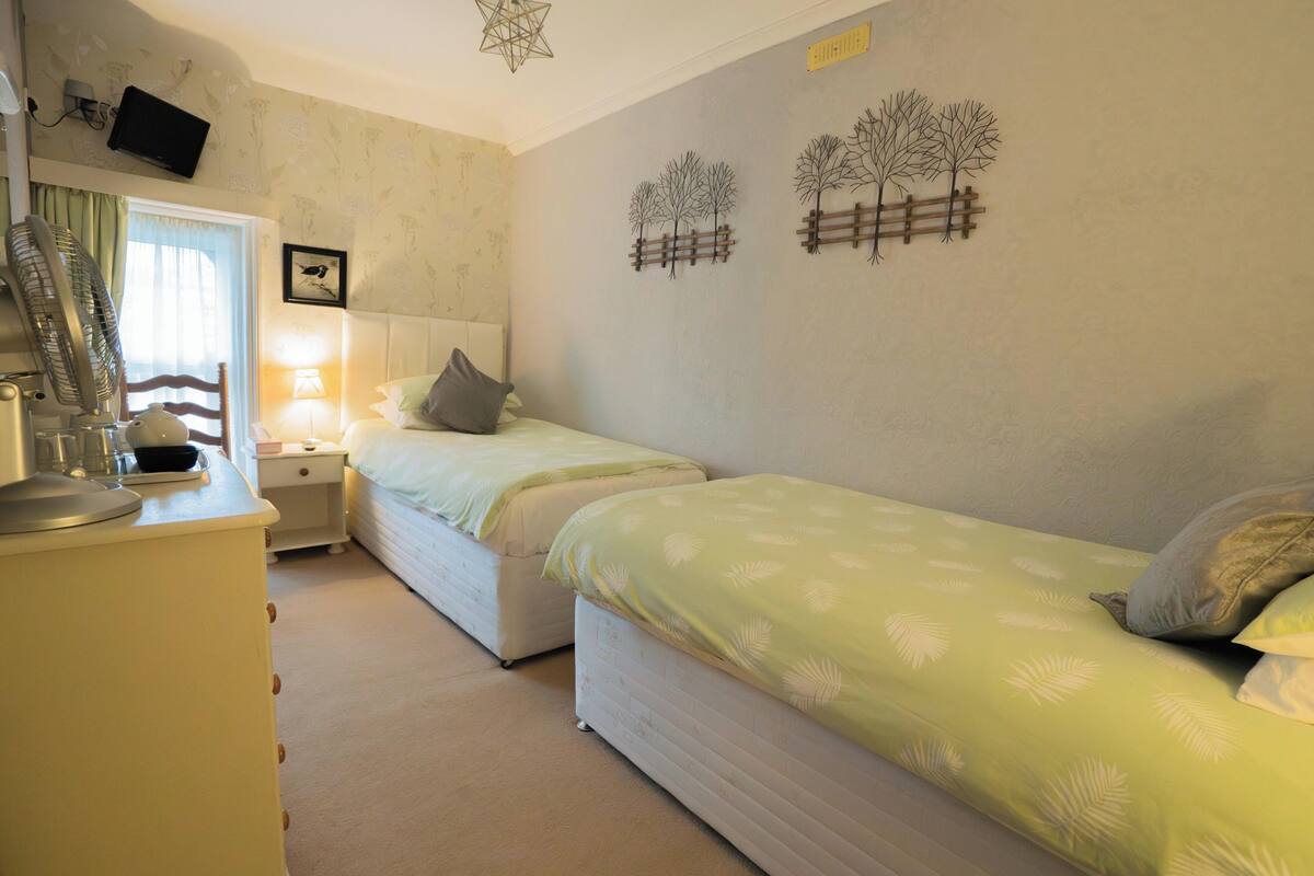 A bedroom with two single beds, a bedside table with a lamp, a dresser, and wall art depicting trees and a fence.