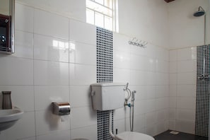 Combined shower/tub, free toiletries, towels