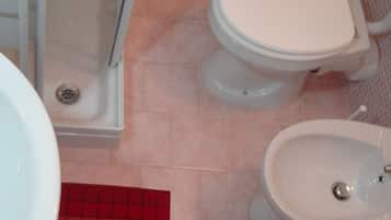 A bathroom with a shower, toilet, bidet, and a red rug.
