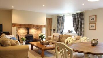 Smart TV, fireplace, DVD player, books