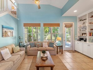 Televisio, DVD-soitin, kirjoja, stereot