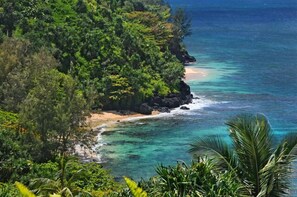 A coastal landscape with a beach, clear water, and dense vegetation.