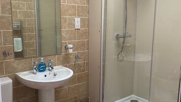Combined shower/tub, hair dryer, towels, toilet paper