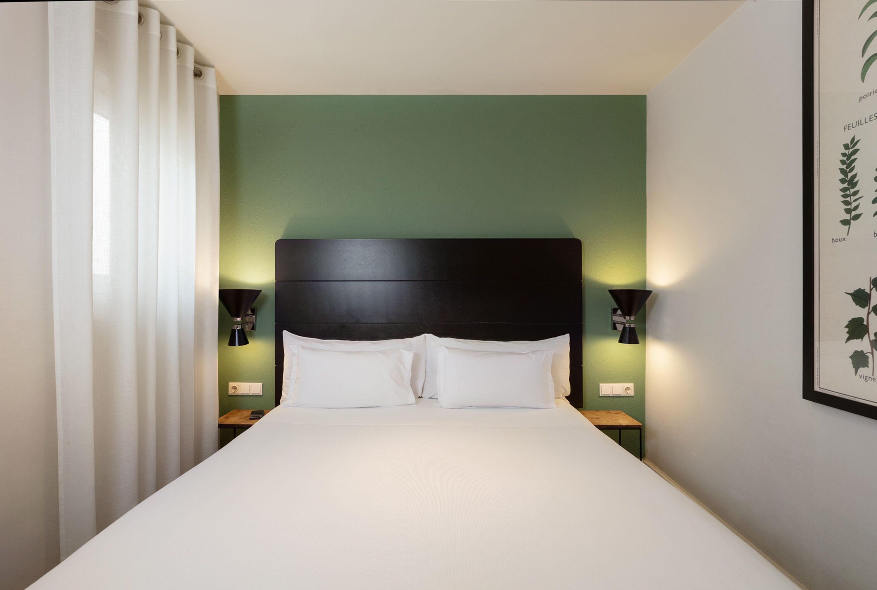 Ein Hotelzimmer mit Bett, weißen Vorhängen, einer grünen Wand und einem gerahmten Pflanzenmotiv.