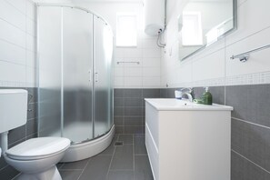 Combined shower/bathtub, hair dryer, towels, soap