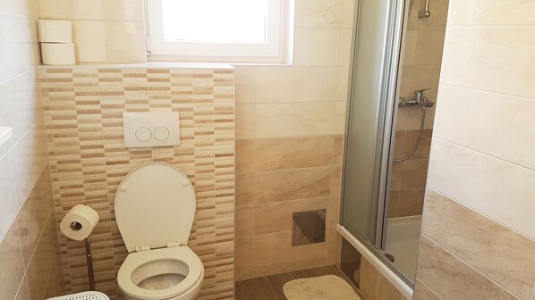Une salle de bain avec des toilettes, une douche et une fenêtre.