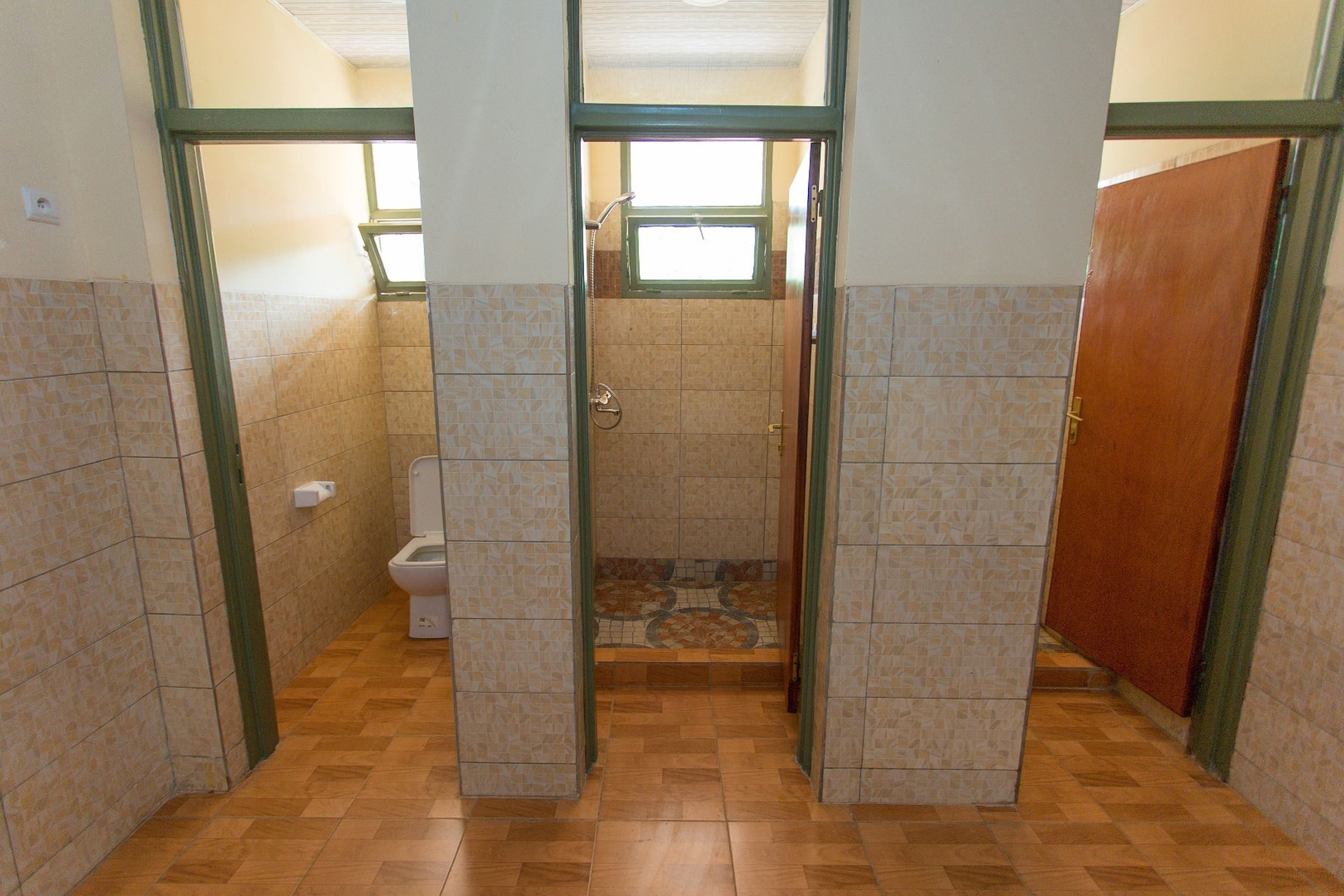 A bathroom with a toilet, shower, and a door leading to another room.