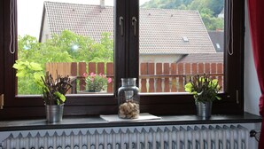 Une fenêtre avec deux plantes en pot et un bocal en verre posé sur un radiateur.