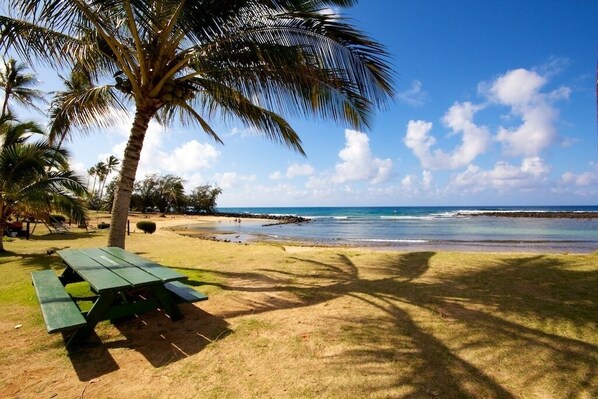 Beach nearby, sun loungers, beach towels