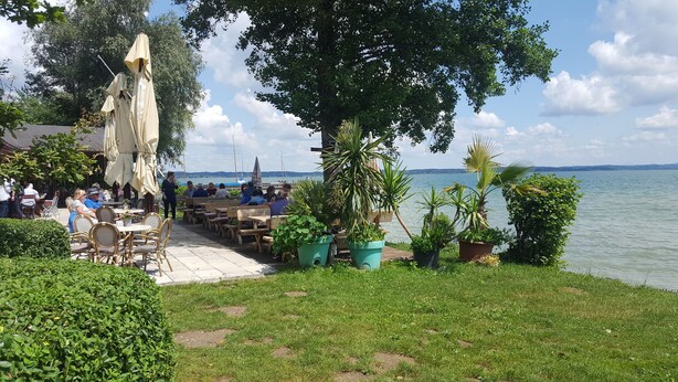 Ein Außenbereich mit Tischen und Stühlen, umgeben von Topfpflanzen und Blick auf den See.